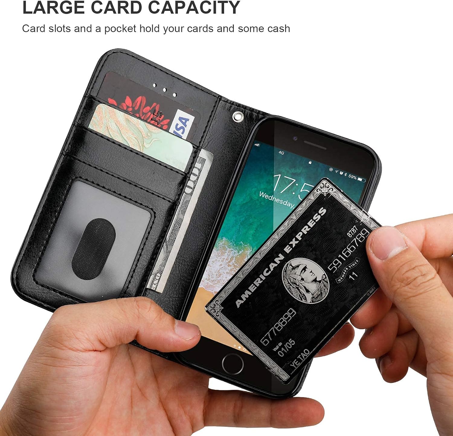 Bocasal for iPhone SE (2022)/SE (2020)/8/7 Wallet Case with Card Holder PU Leather Magnetic Detachable Kickstand Shockproof Wrist Strap Removable Flip Cover for iPhone 7/8/SE2/SE3 4.7 inch (Black)