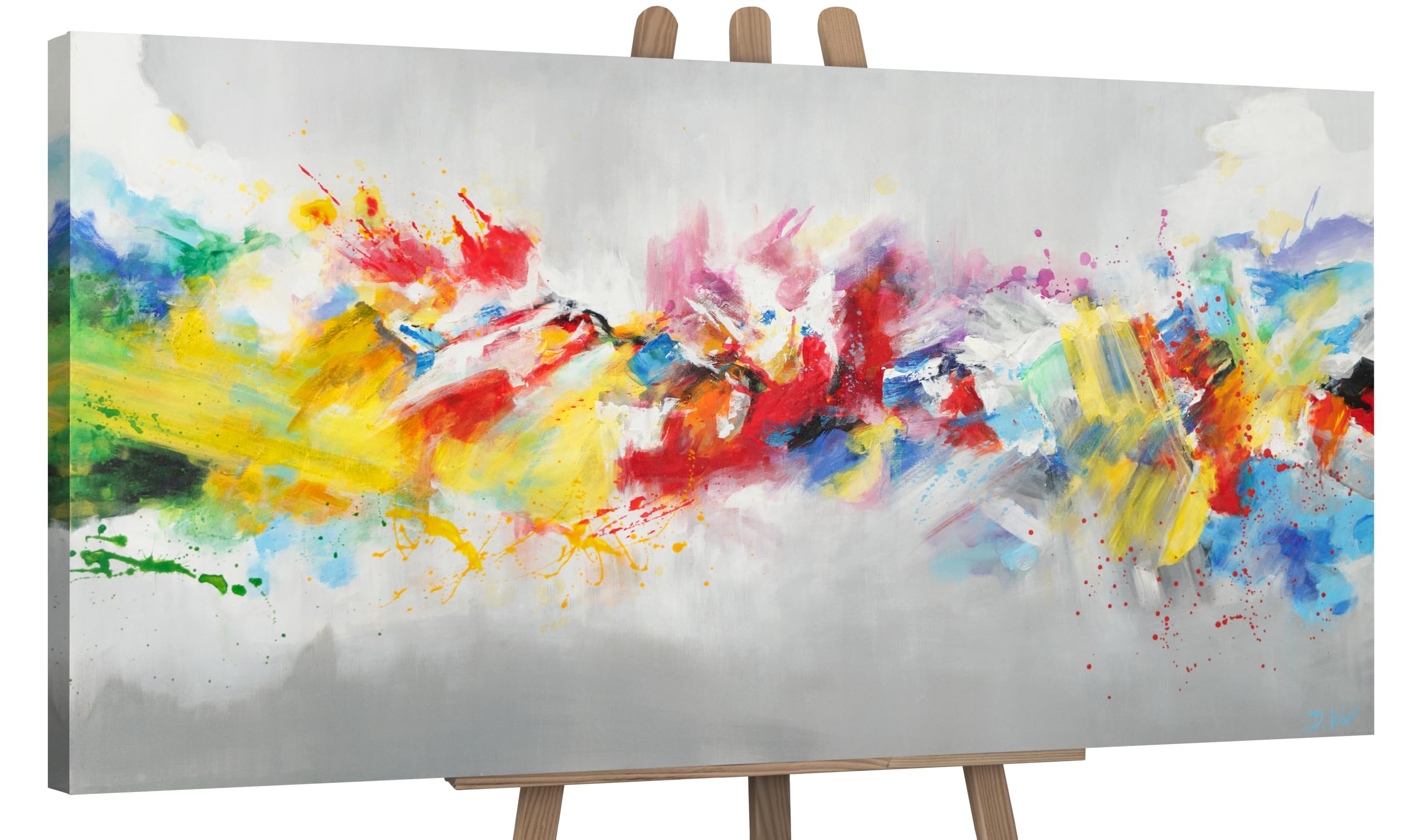 YS-Art Original Handmade Painting – Vibrant Abstract Color Explosion, Modern Canvas Artwork for Living Room, Bedroom or Work Space 63x32 inch