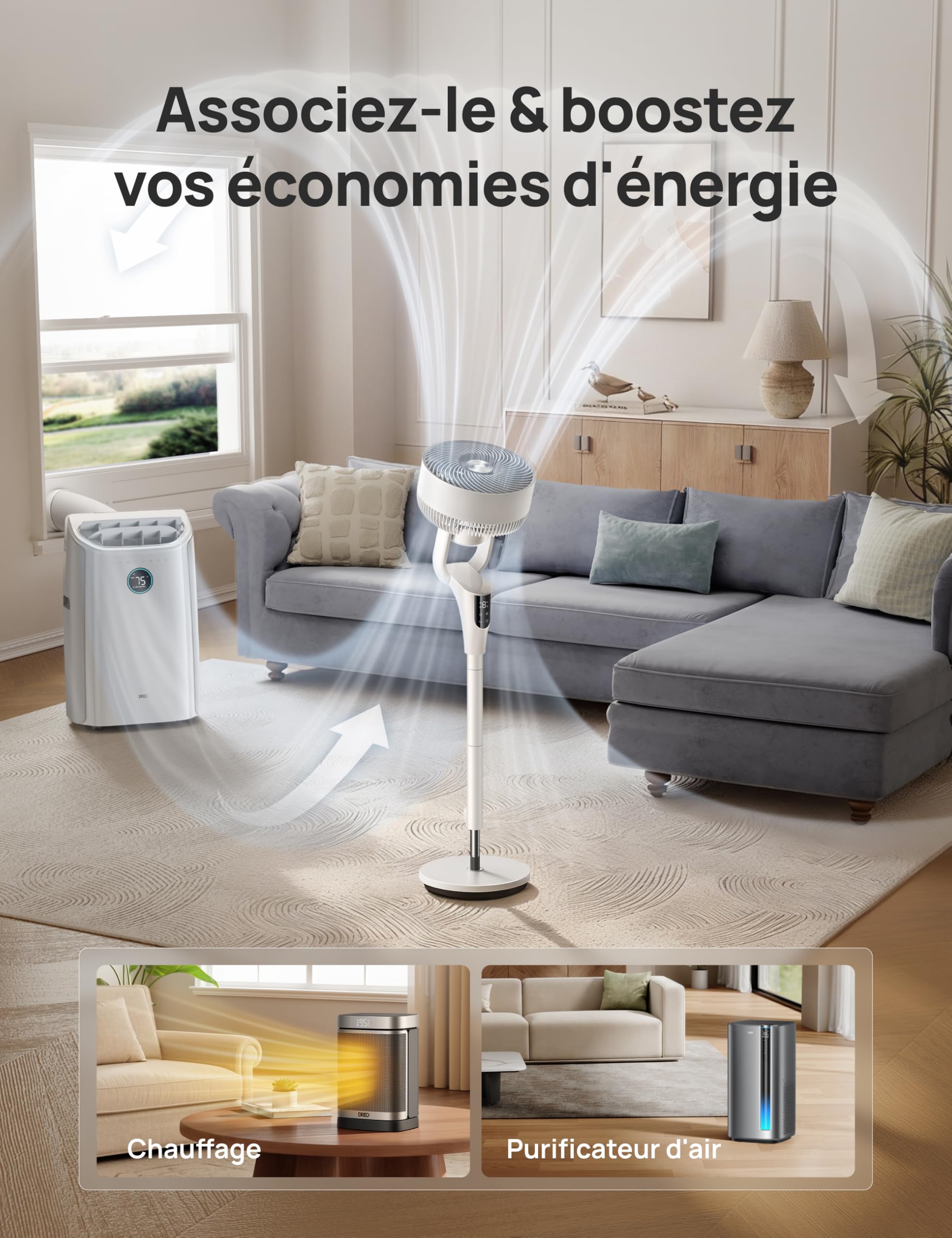 DREO Ventilateur sur Pied Silencieux pour Chambre [Amélioré], Flux d’Air 27m, 20dB, Oscillation 90°, Moteur DC, 8 Vitesses, 3 Modes, Hauteur 96–106 cm, Minuterie 8H, Inclinaison 105°