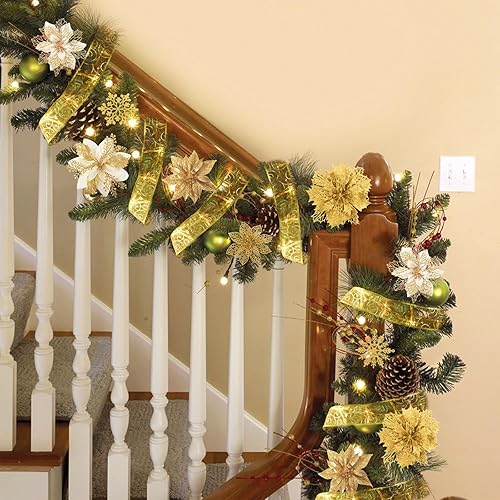 Miniatura 4 de 72 flores de Pascua con copos de nieve y cinta, 9 diseños de flores artificiales de Navidad doradas con purpurina para árbol de Navidad y decoración