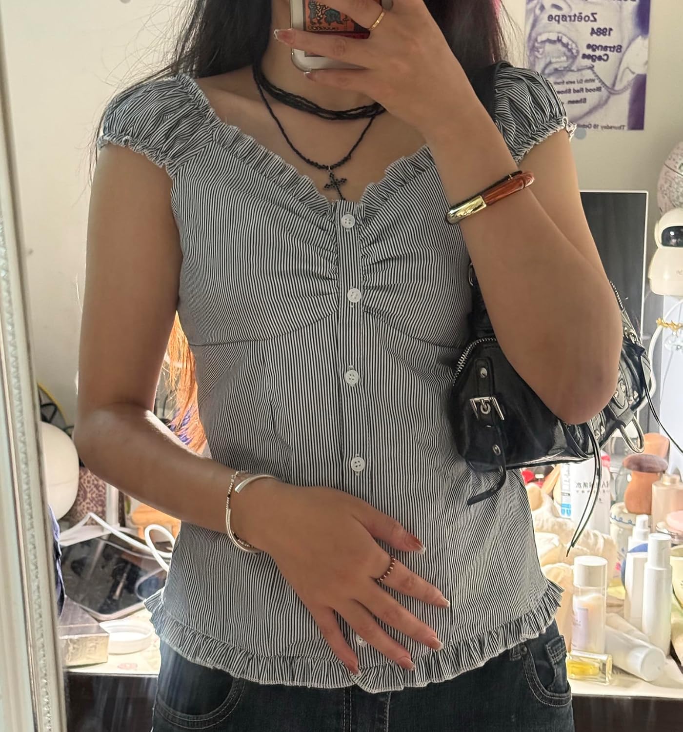 Womens Y2k Fairy Grunge Shirts Cap Sleeve Scoop Neck Button-up Blouse Ruffle Hem Babydoll Tops Coquette Clothes - Image 2