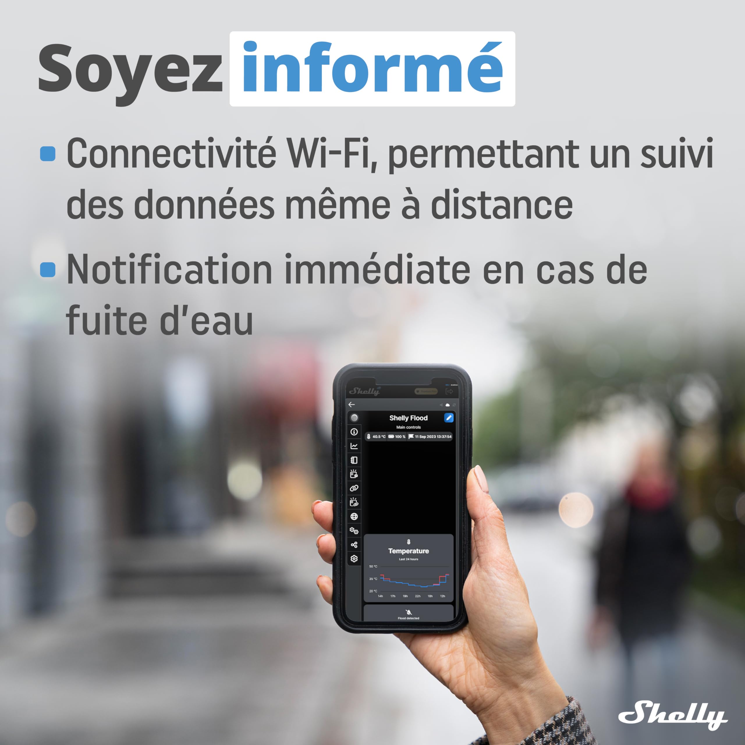 Shelly Flood - Détecteur de Fuite d’Eau Wi-FI, Alerte inondation, Notification instantanée par app iOS, Android, Capteur de température, Batterie Longue durée, Portée 30 à 50 m