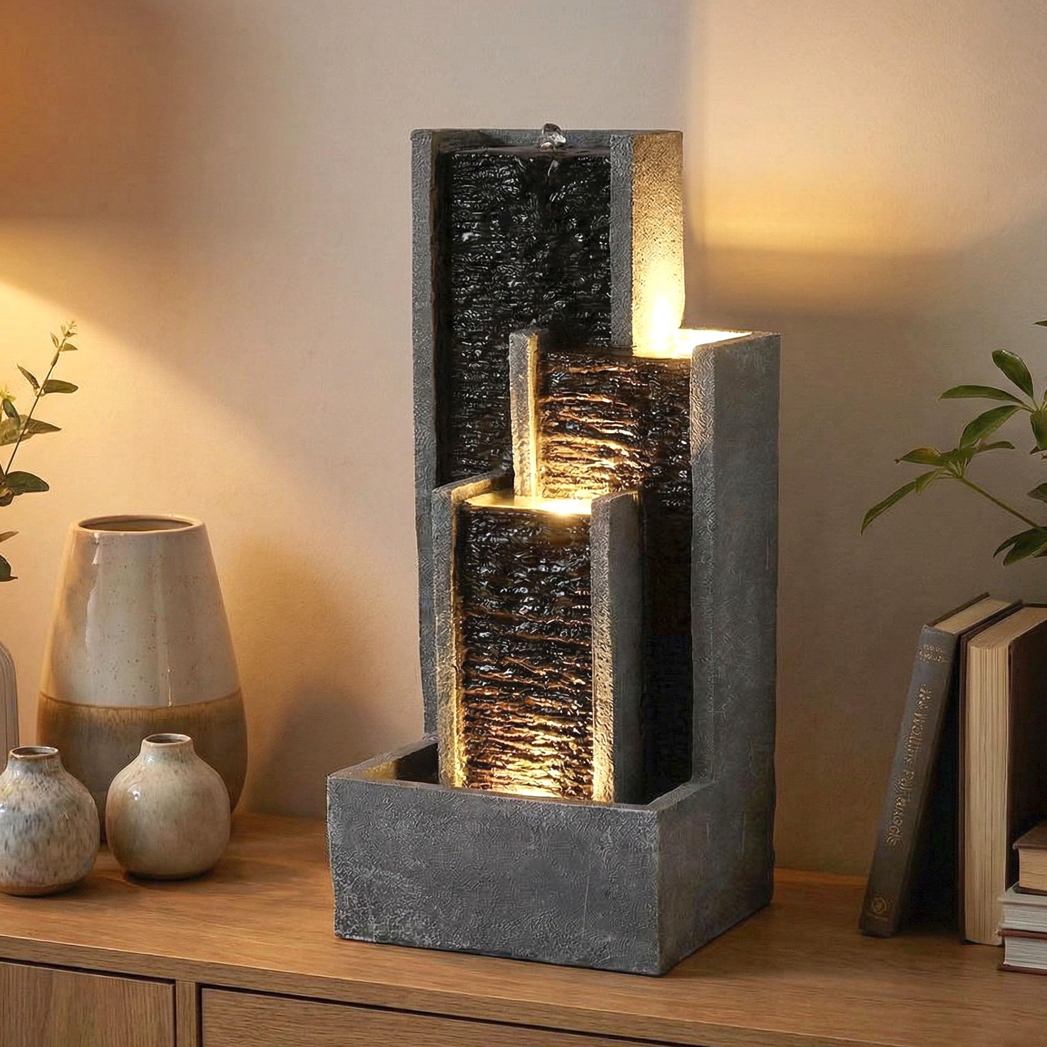 Fontanna wodna, ścianka pokojowa z oświetleniem LED, 48,5 cm, fontanna ogrodowa, balkonowa, fontanna wodna BK914