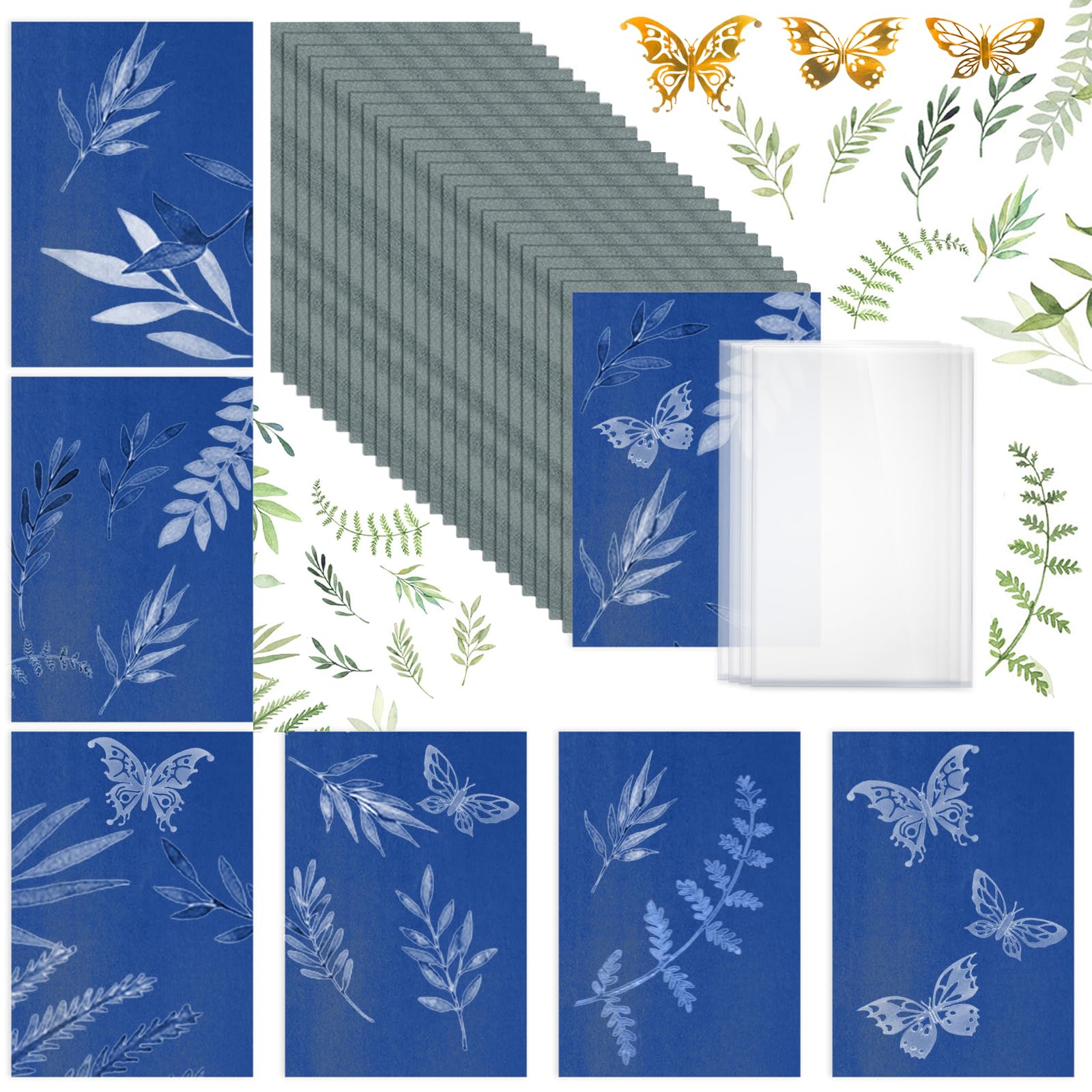 Cyanotype Kit 24 Pcs A5 Cyanotype Paper with Acrylic Panel 4 Clips Green Leaves Butterflies Projects High Sensitive Sun Print Paper-Kit Solar Print Set for Arts Crafts DIY Projects 5.8X8.3 inch