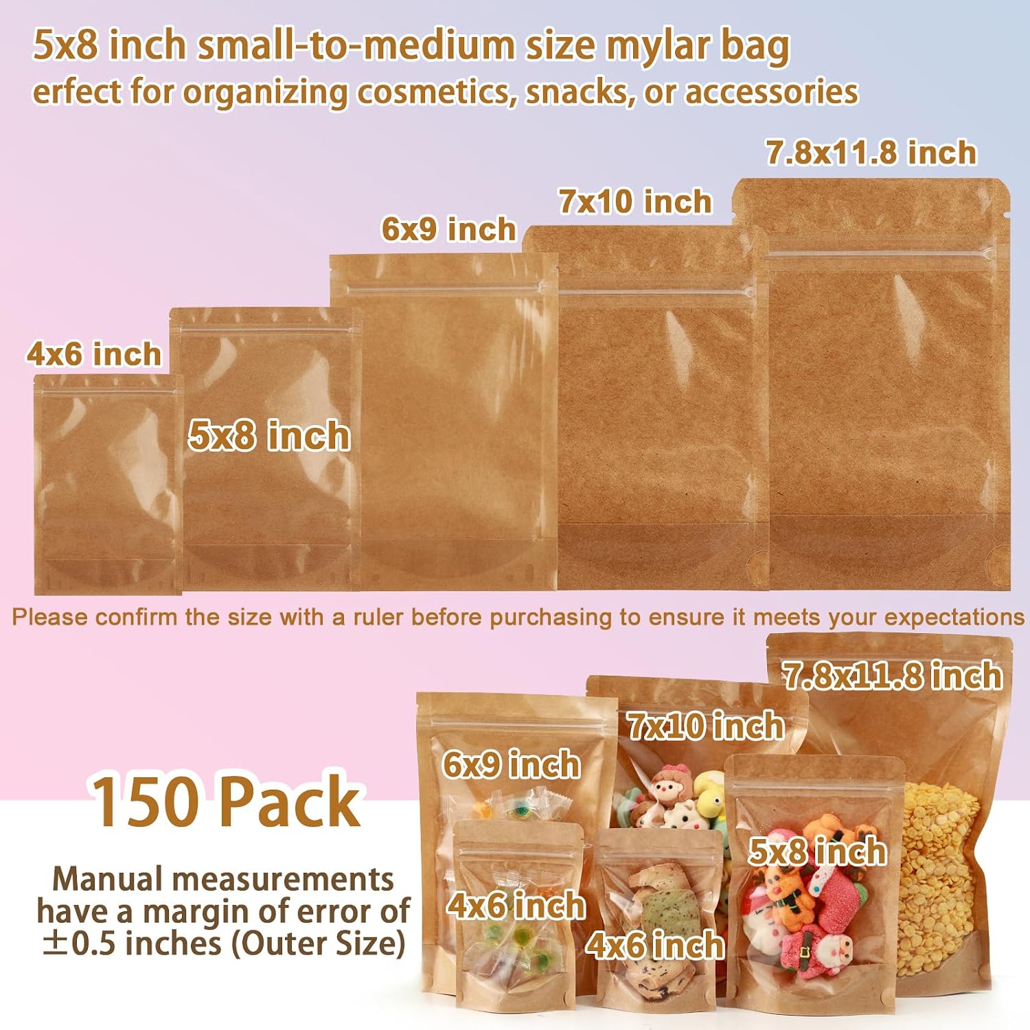 150-Pack Kraft Paper Bags with Clear Window 5x8 Reclosable Small Stand Up Mylar Bags for Food Storage Resealable Smell Proof Pouch, Edible Packaging, Reusable bags for Small Business image 4