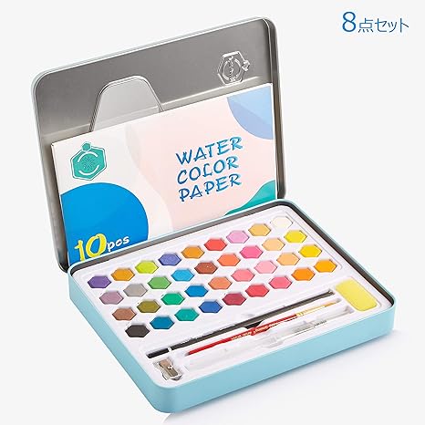 Amazon 万事商社 固型絵の具 8点セット 36色 ブラシ2本 水彩紙10枚 鉛筆2b 鉛筆削り スポンジ付 絵具 通販