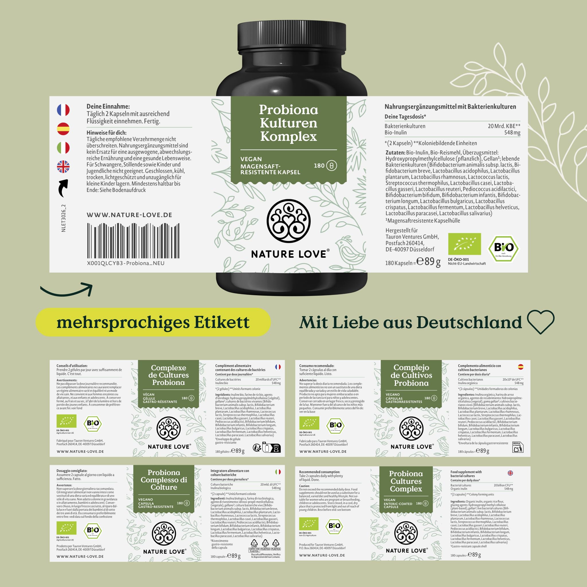 Nature Love Probiona Kulturen Komplex – abgestimmte Bakterienstämme – 300 Mrd. KBE/g – 180 Kapseln, magensaftresistent, vegan – mit Lactobacillus & Bifidobakterien, 20 Mrd. KBE/Tag, 3 Monate