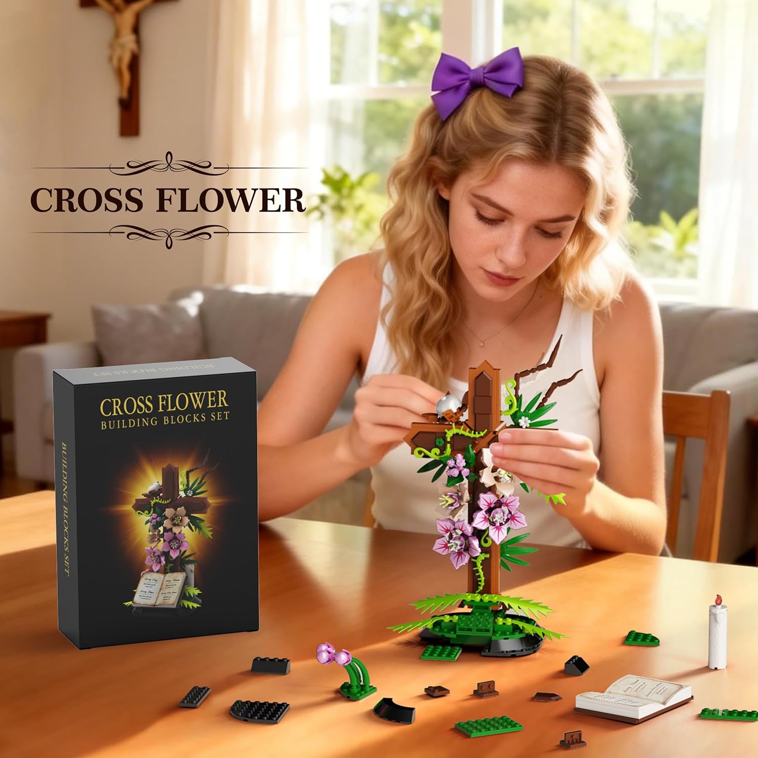 Cross Flower Building Set, Religious Cross Collectibles Compatible with Lego Jesus Catholic Building Toys, Easter, Christian, Birthday Gifts for Mothers, Women or Adults