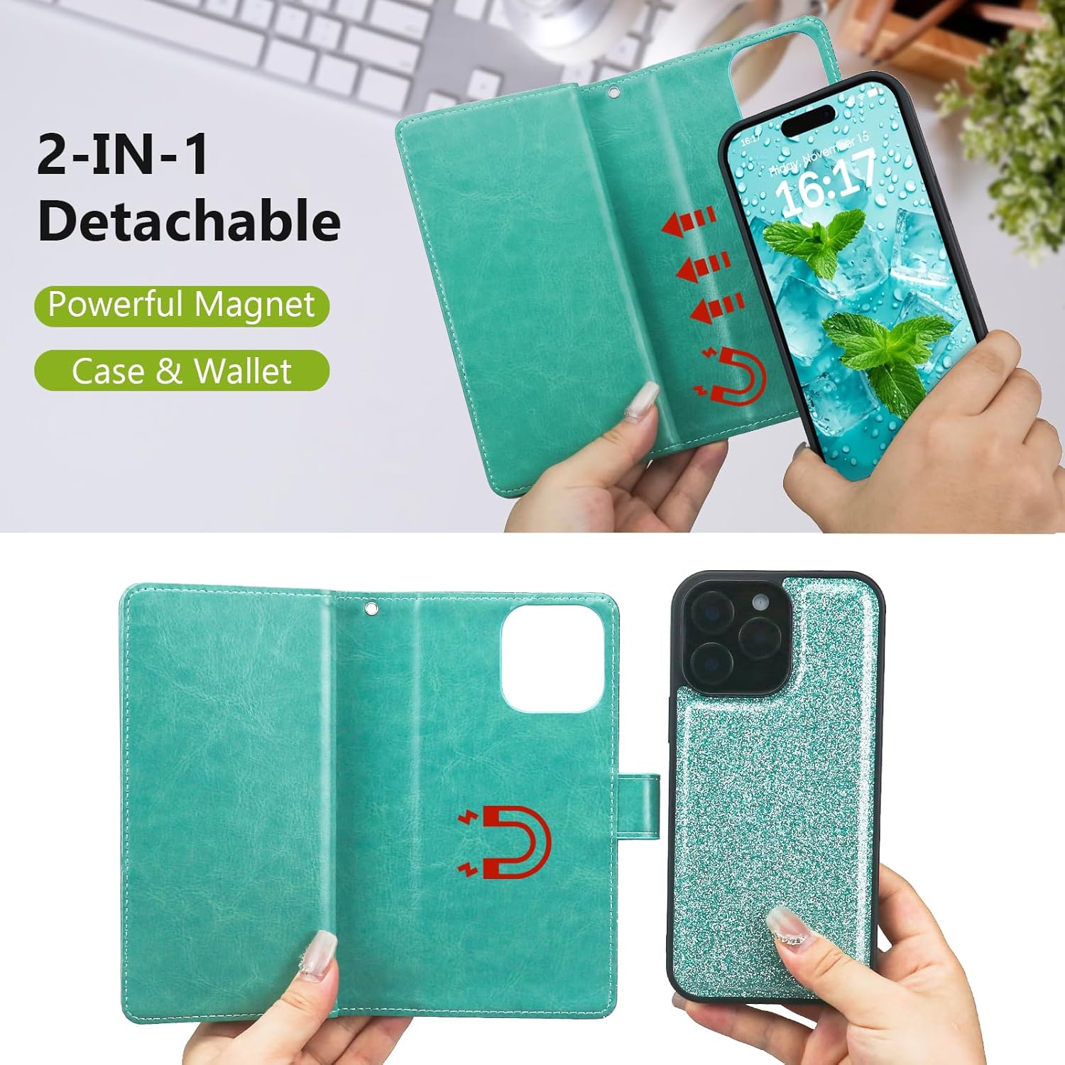 Varikke for iPhone 15 Pro Max Wallet Case Detachable with Card Holder for Women, Fashion Glitter Leather Strap Magnetic Flip Wallet Removable Phone Case Cover for iPhone 15 Pro Max 6.7", Mint Green - Image 4