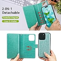 Vista 4 de Varikke Funda tipo cartera desmontable para iPhone 13 Pro Max con tarjetero para mujer, correa de cuero con purpurina a la moda, cartera magnética