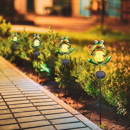 Miniatura 5 de Luces solares de jardín decorativas para exteriores, forma de rana de metal, luces de estaca impermeables con 2 pies, luz solar de encendido y