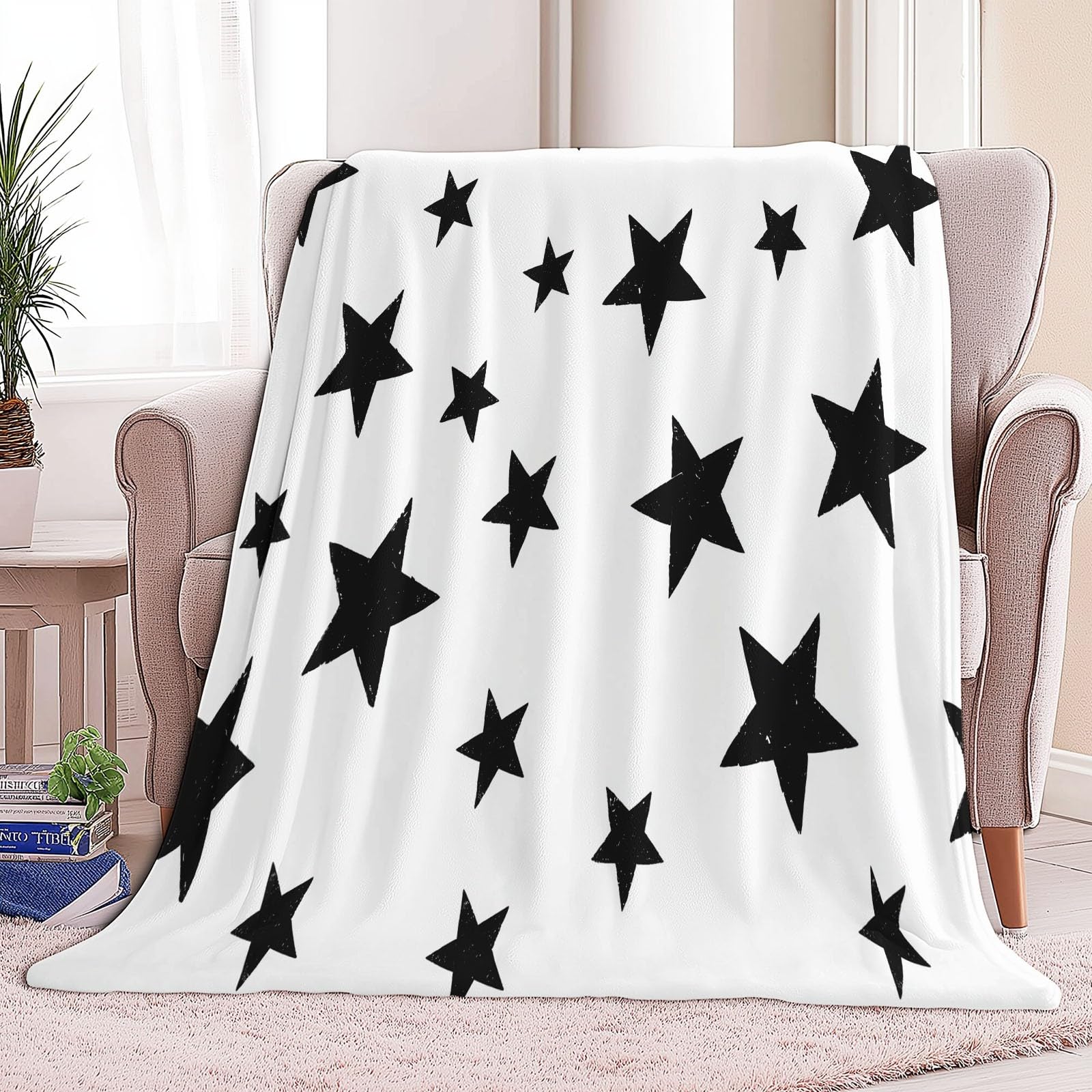 Flanelowy koc polarowy pięcioramienny minimalistyczny wzór w gwiazdę polar, narzuta na sofę Wygodny dwuosobowy koc na łóżko w kratę zimowy, 220 x 240 cm Jasny kolor