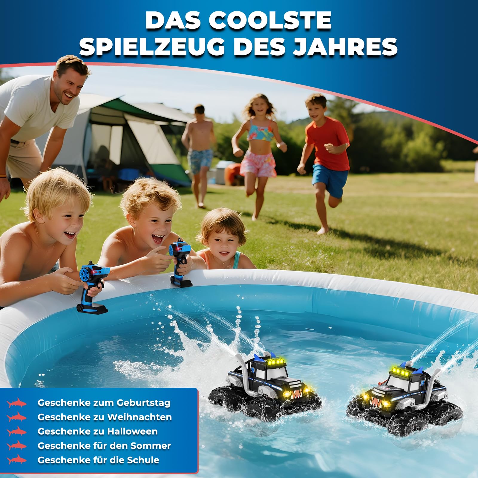 Amphibienfahrzeug Ferngesteuertes Auto ab 6 Jahre - 2.4GHz Monstertruck ferngesteuert RC Truck 30 km/h mit LED-Leuchten, 360°Rotation, Maßstab 1:16, 2 Akkus, Geburtstagsgeschenk für Jungen, Schwarz