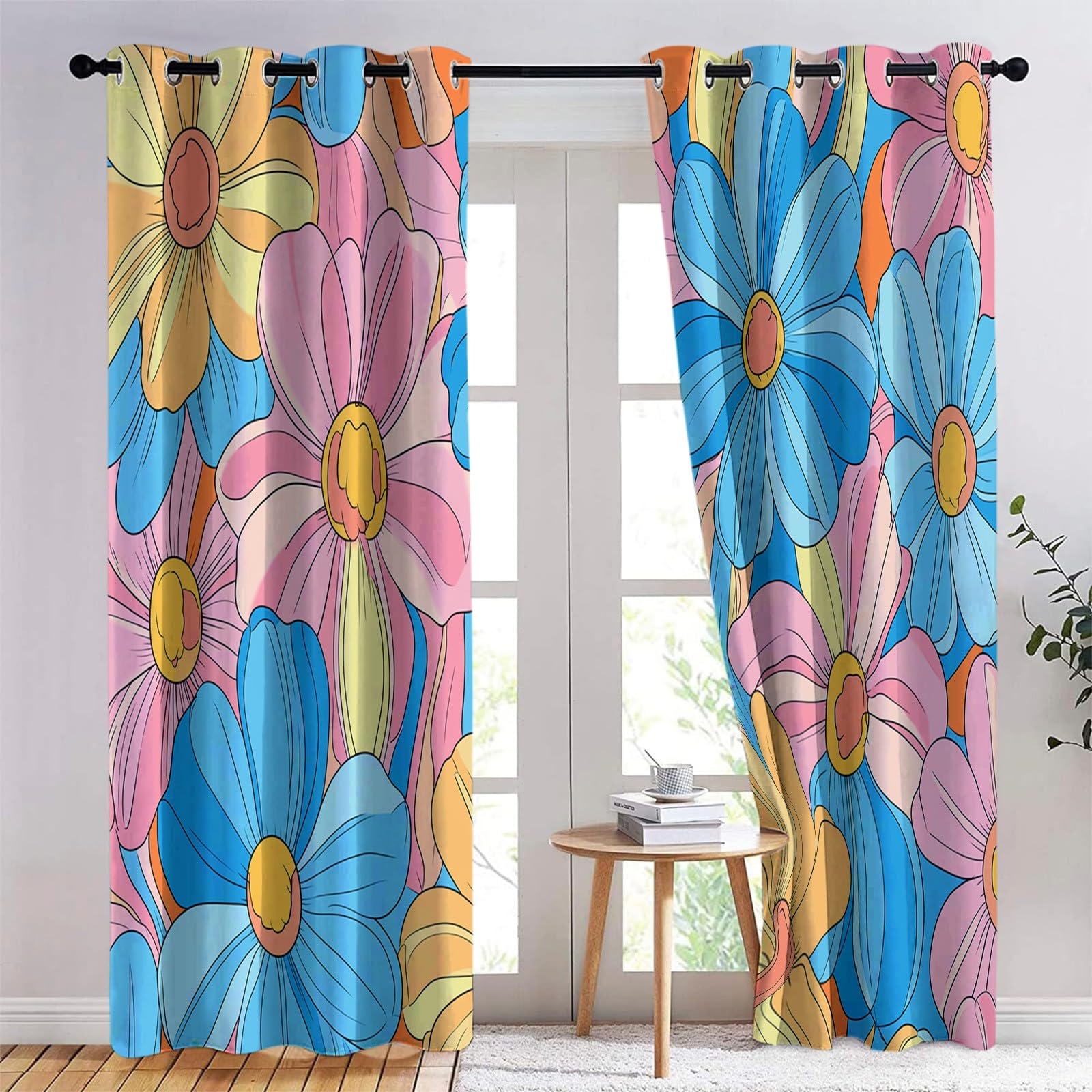 Thermovorhang Kälteschutz Pink Blue Retro Mode Blumenmuster, Blickdichte Gardinen mit Ösen für Schlafzimmer, Verdunklungsvorhänge 2er Set, H 260 x B 140 cm