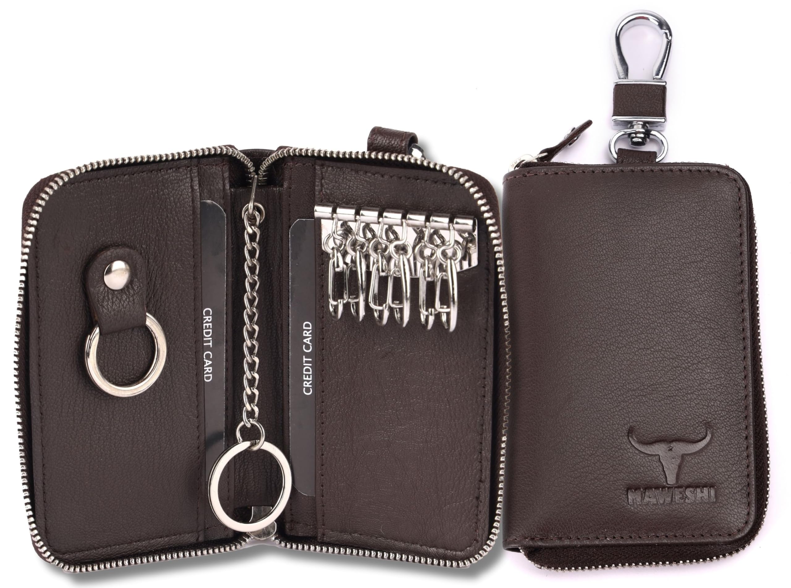 Leather Key Chain 6 Key Holders I Genuine Leather Inside Card Slot I Zip Closure I Ideal for All Keys.. (Brown)