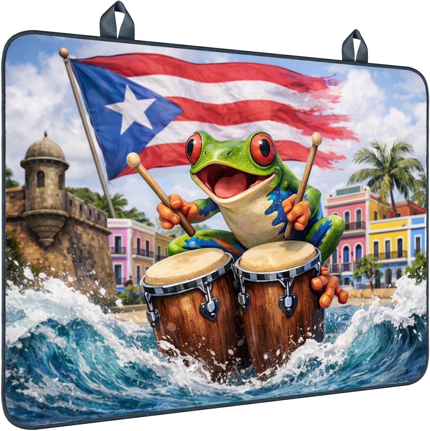 Nuxovilar Stove Top Cover Protector with Colorful Tree Frog & Conga Drums Pattern, Polyester Diatomaceous Earth Blend 28.65x20.47in, Glass Stove Surface Guard for Kitchen, Home, or Apartment Decor
