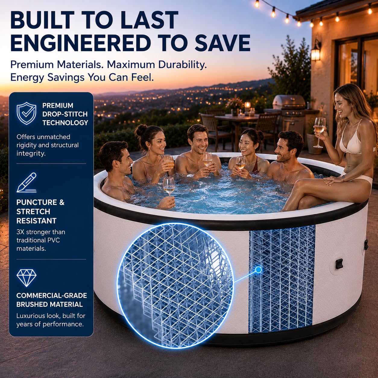 Spa Gonfiabile da Esterno 4-6 Persone, Piscina Idromassaggio 206 cm con 150 Getti di Bolle, Riscaldatore Acqua 40°C, 6 Colori LED, Vasca Massaggio Extra Robusta per Terrazza Giardino