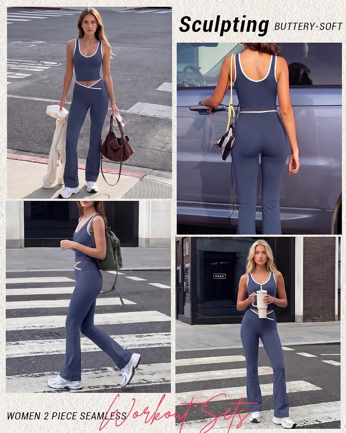 Coume Women 2 Piece Seamless Workout Sets Crossover Flare Leggings Crop Tank Top Matching Set Color Block Gym Yoga Outfits