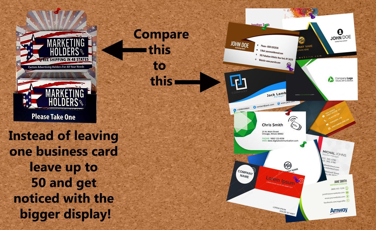 Marketing Holders 40 Pack Business Card Holder for Bulletin Board or Table Display with American Flag Print for 3.5" x 2" Contact Cards at Tradeshows Expos Job Fairs and Events Durable Card Stock