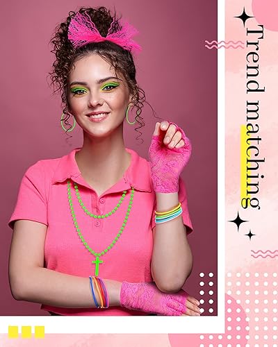 Miniatura 7 de Blulu Accesorios de disfraz de los años 80, diadema de encaje, aretes, guantes de red, collar, pulsera para fiesta retro de los años 80