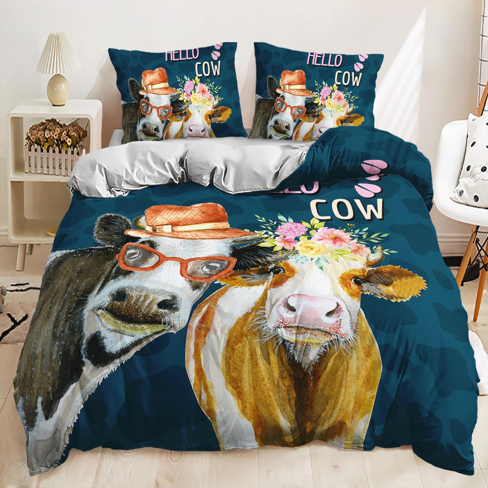 Lunoroey Couple Cow Duvet Cover Set Single Size Blue Bedding 3D Printed Cows Quilt Cover Soft Breathable Easy Care Bedding Set โ image 1