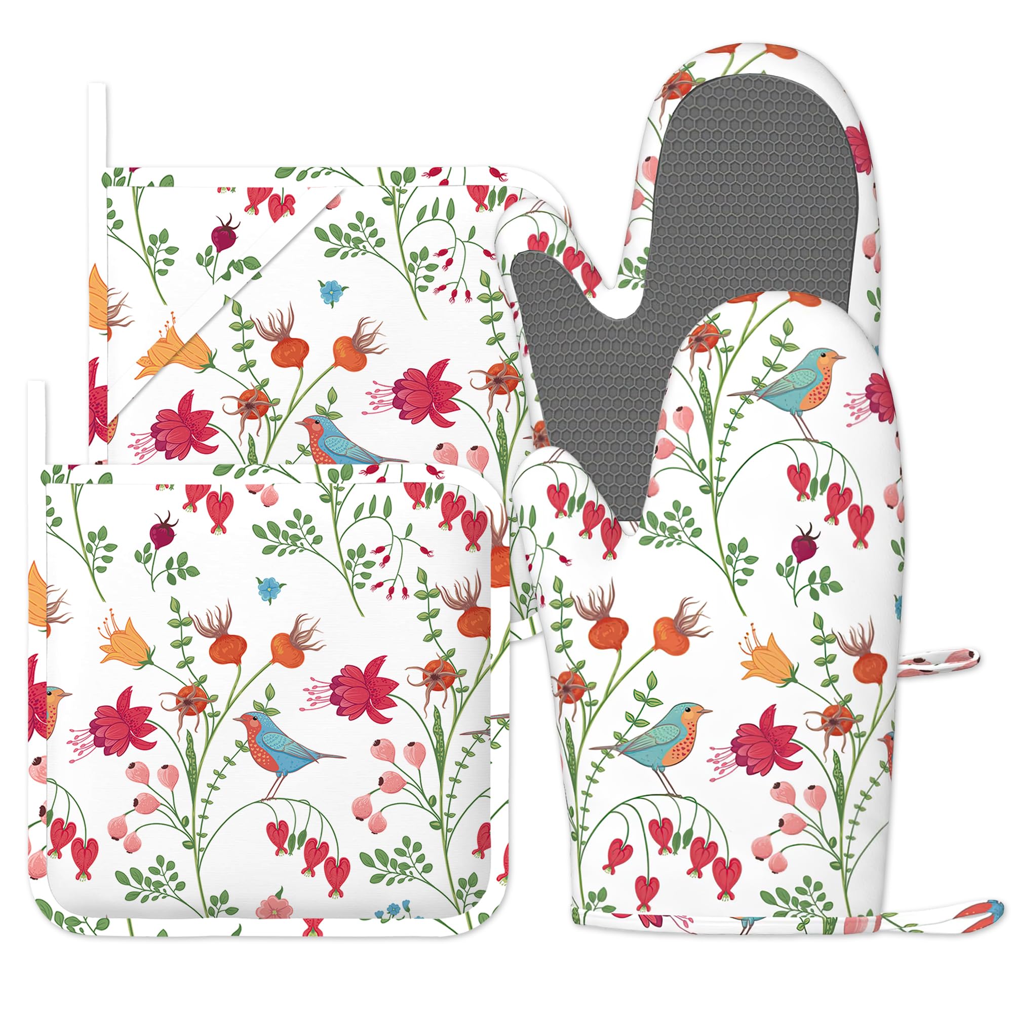 Flower Bird Oven Gloves, 4pcs Oven Mitts & Pot Holders Heat Resistant and Non-Slip Silicone Gloves for Cooking, Baking, BBQ, Kitchen Decor Gift