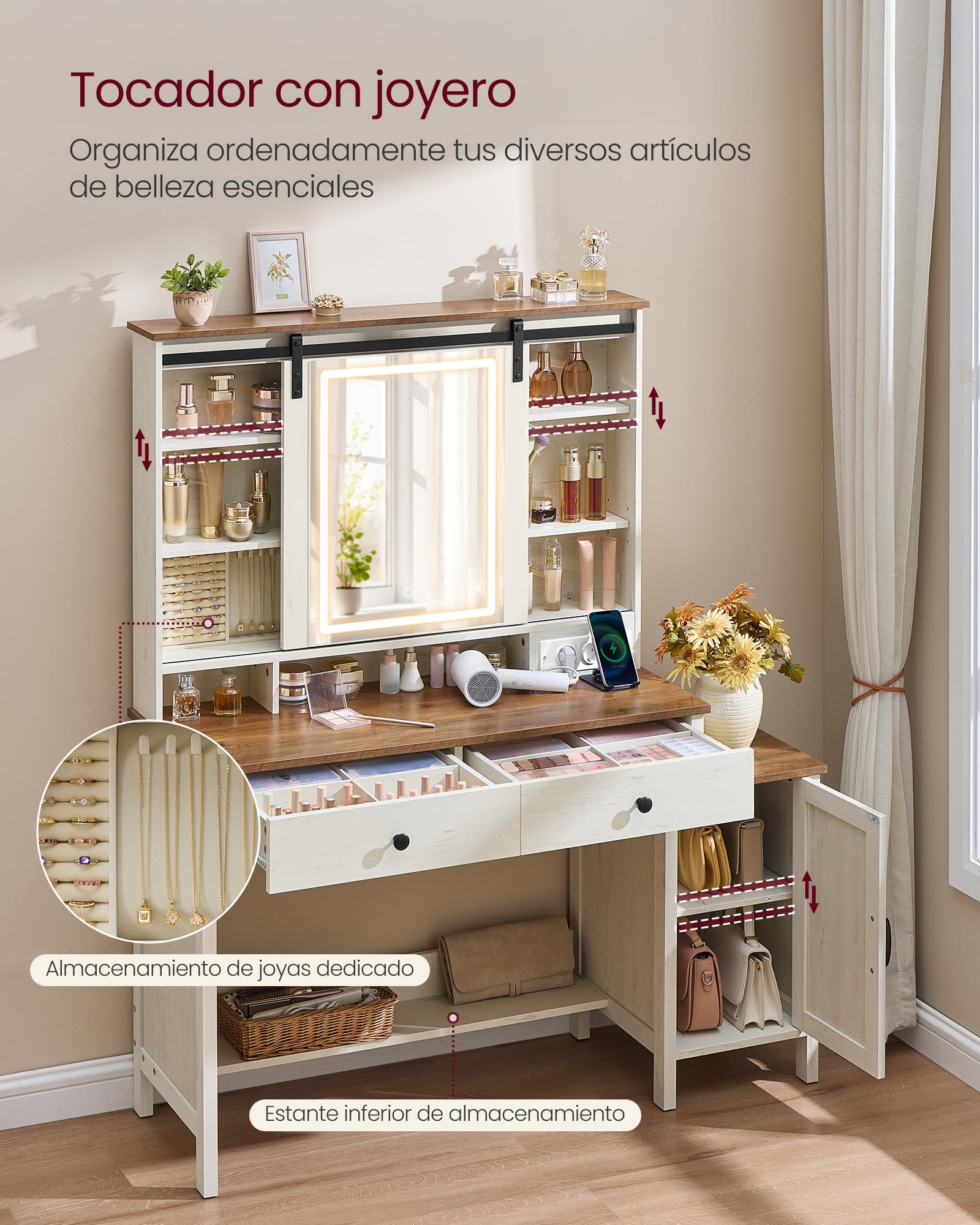 VASAGLE LIRY Colección - Tocador con Espejo y Luz, Mesa de Maquillaje de Granja con Taburete, Estación de Carga, 2 Cajones, Organizador Joyas, Blanco Rústico y Marrón Miel RDT136W01