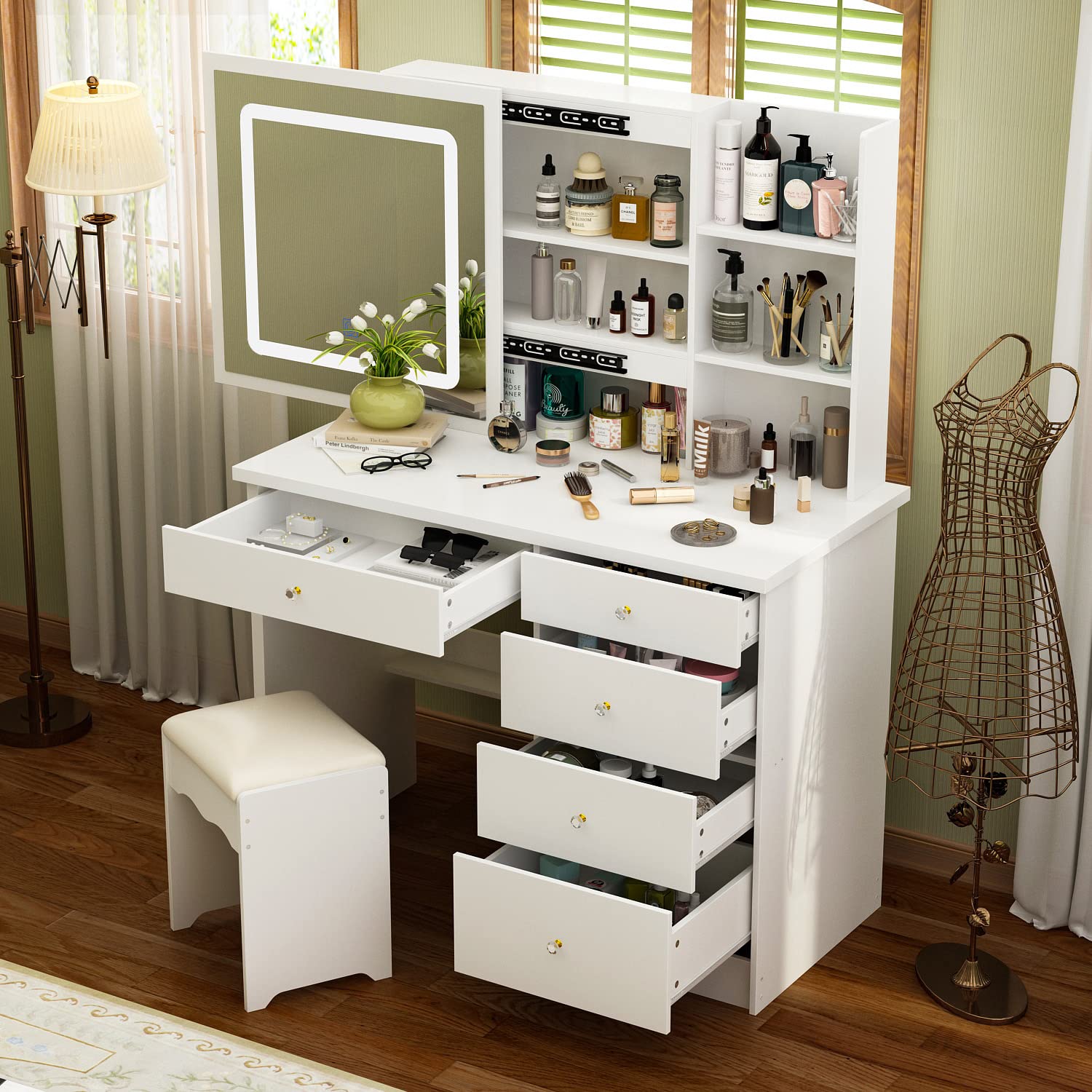 Toeletta Trucco Con Specchio E 5 Cassetti - Bianco, MDF, 80x40x135 Cm Con Sgabello Imbottito - Foto 5
