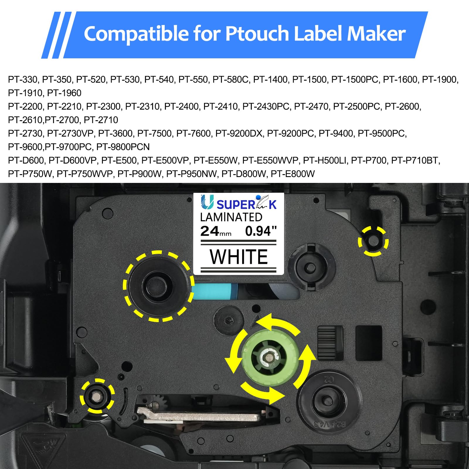USUPERINK Confezione da 10 nastri laminati bianchi da 24 mm 0,94 compatibili con Brother P-Touch Label Maker TZe-251 24 mm Label TZe251 2,5 cm TZe TZ nastri TZ-251 TZ251 per PT-D600 D610BT P700 P750W