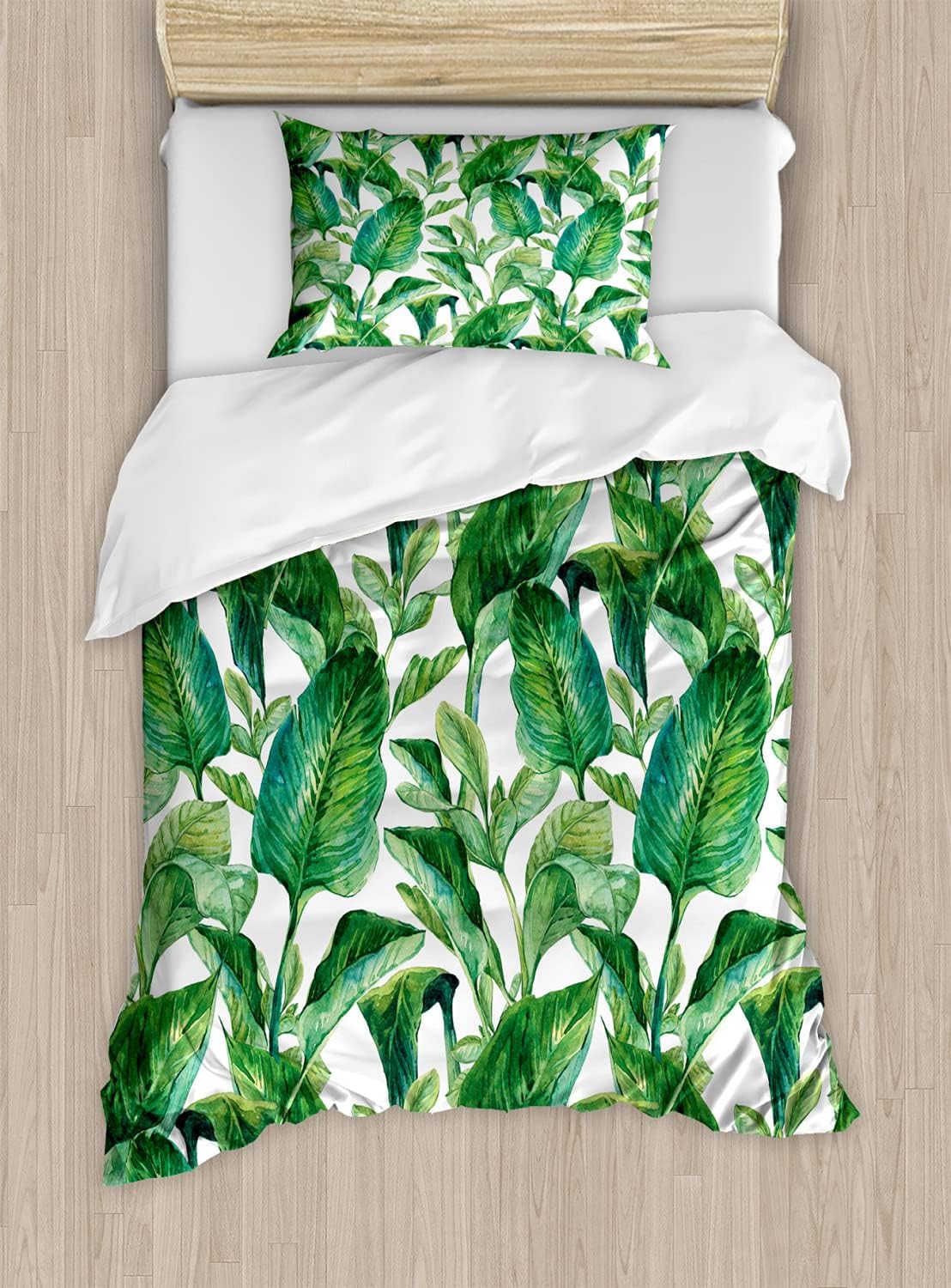 Ambesonne Leaf Duvet Cover Set, Romantic Holiday Island Hawaiian Banana Trees Watercolored Image, Decorative 2 Piece Bedding Set with 1 Pillow Sham, Twin Size, Forest Green Twin Forest Green