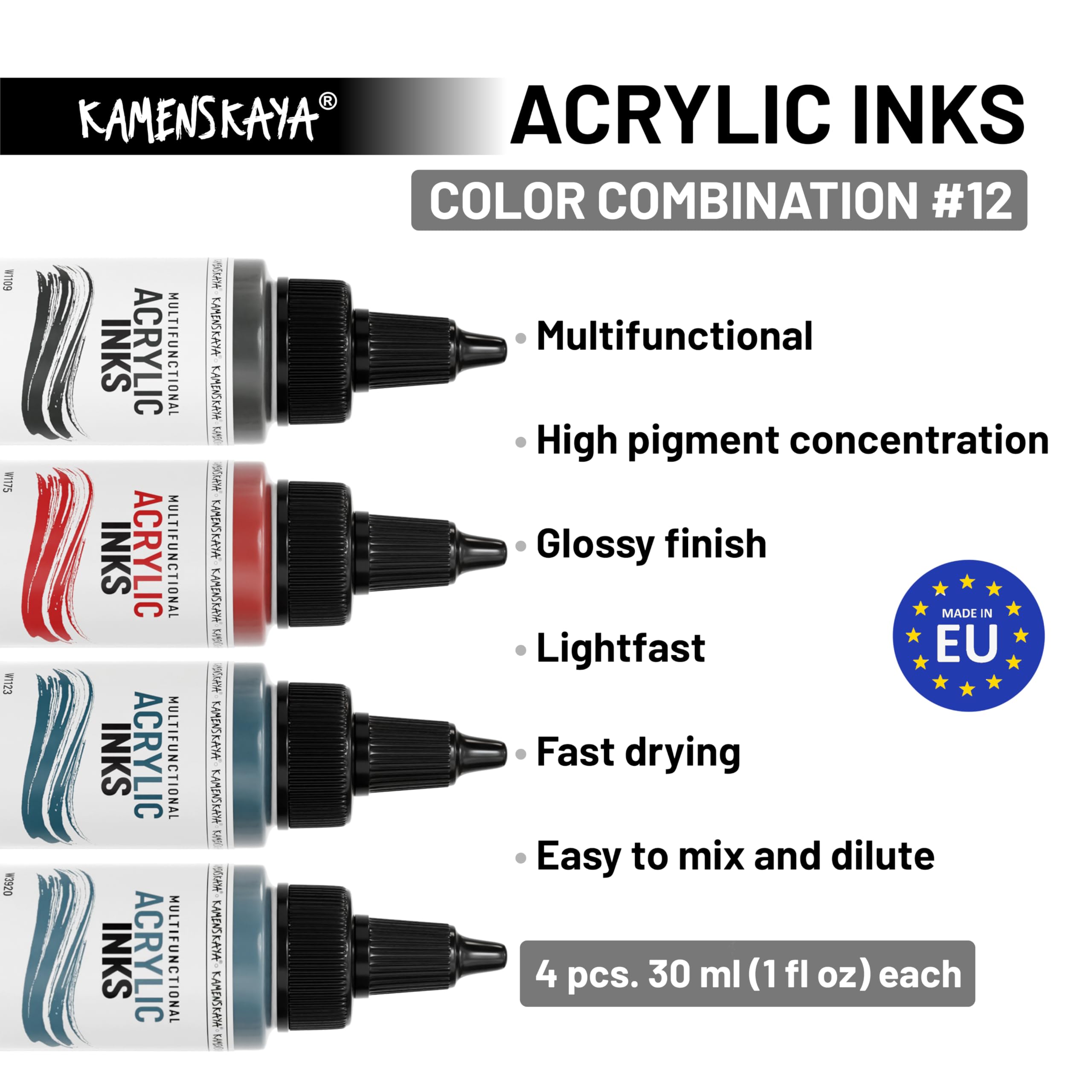 Kamenskaya Acrylic Inks for Artists - Acrylic Ink Set, Color Combination #12-4 pcs. 1 Fl Oz (30 ml) Each, 30 ml (Pack of 4) - Image 3