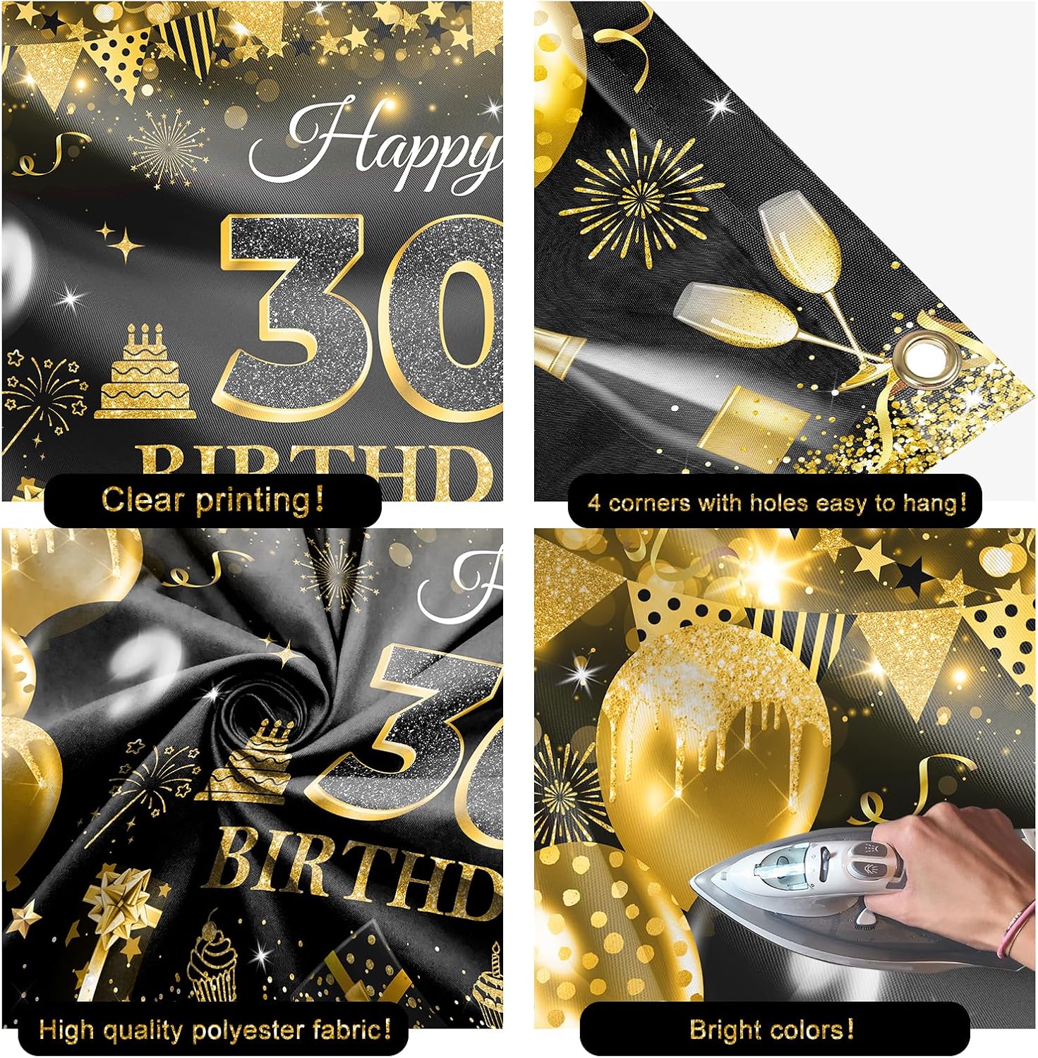 Avezano Happy 30th Birthday Banner for Men Black and Gold Glitter Balloon 30 Birthday Party Backdrop 30 Year Old Bday Photo Backdrop Party Supplies 70.8 x 43.3 Inch