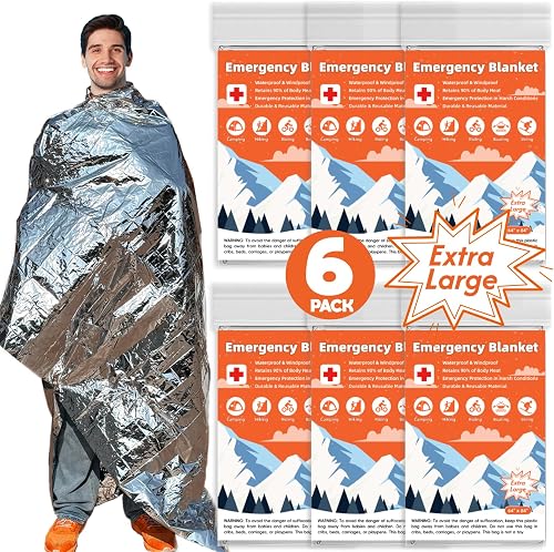 6 Pack Emergency Thermal Blanket Survival, 84” x 64” Extra Large Mylar Blankets for Outdoor, e Blanket, Silver Foil Blanket, Survival Kit Camping Blanket, Body Warmer Blanket, Hiking