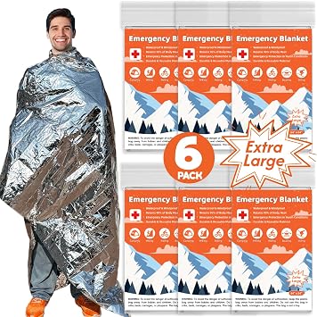 6 Pack Emergency Thermal Blanket Survival, 84 x 64 Extra Large Mylar Blankets for Outdoor, Space Blanket, Silver Foil for Survival, Survival Kit Camping Blankets, Body Warmer, Hiking