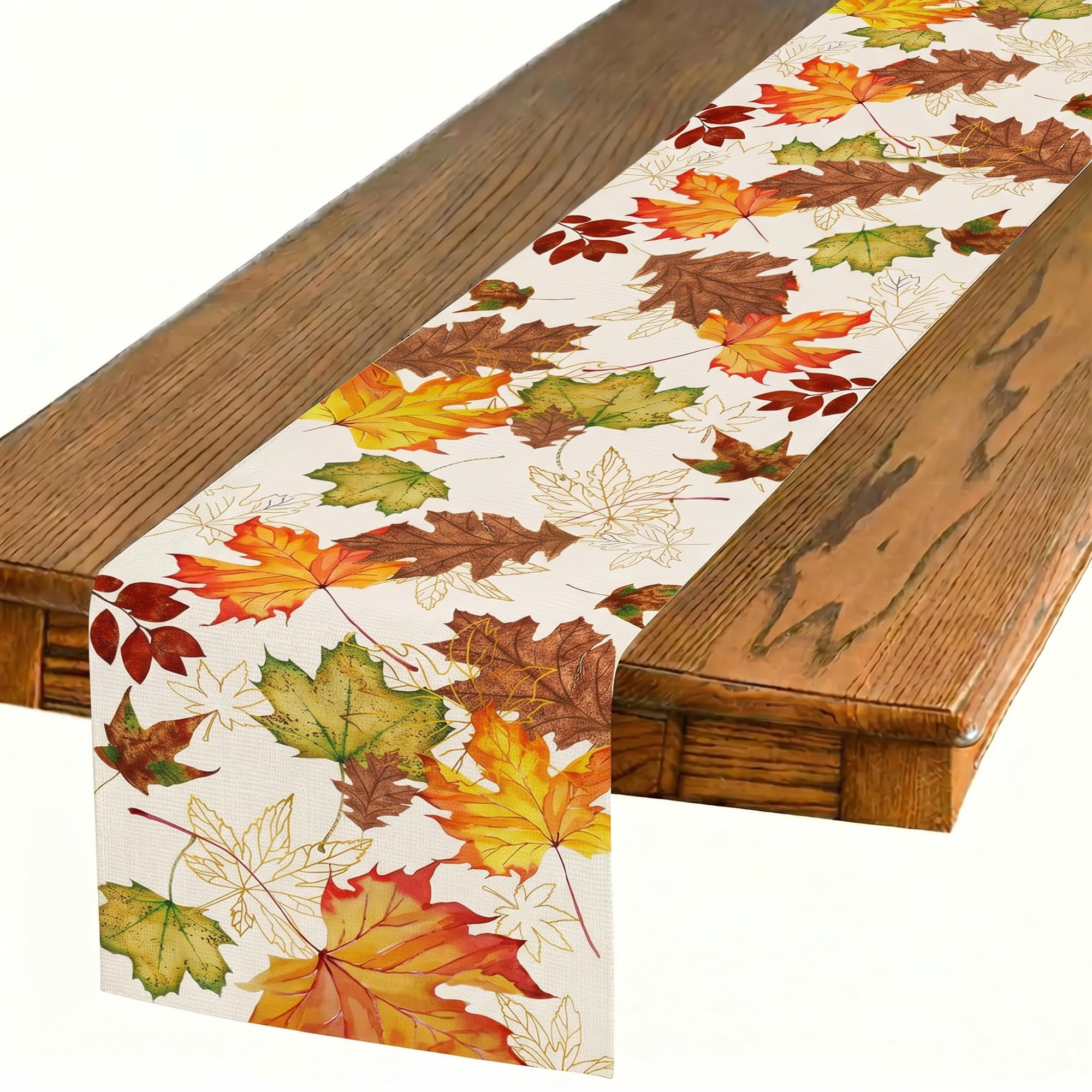 Autumn Linen Table Runner 13x72 Inch, Maple Leaves Harvest Decoration Scarf