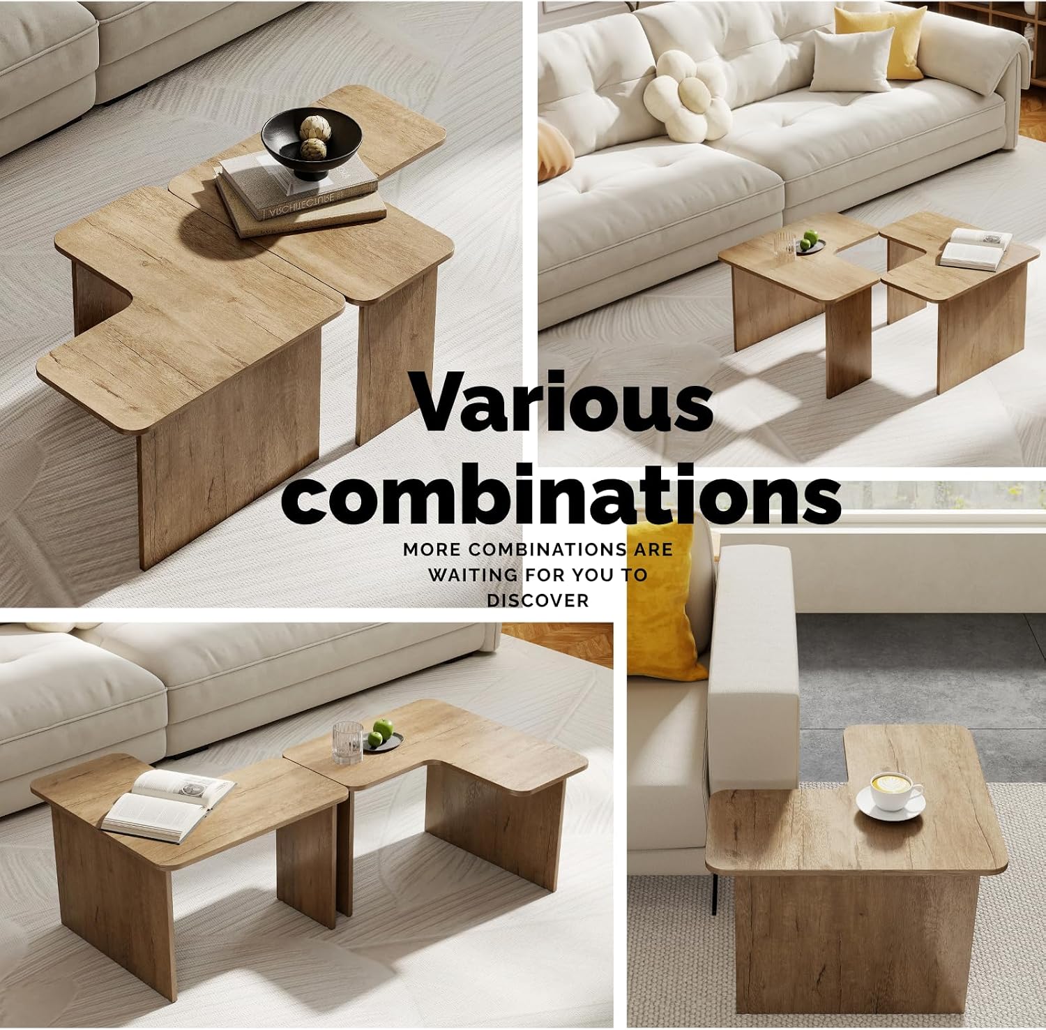 Modern Nesting Coffee Table Set of 2, Natural Wooden L-Shape Square Coffee Table for Living Room,Small Center Table End Table Sets Light Tabel with Rustic Wood Grain for Bedroom Office Cafe