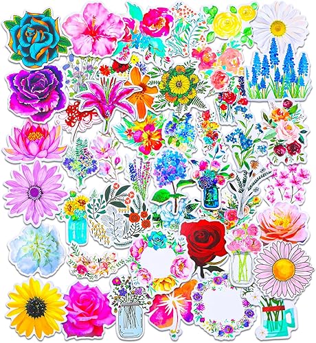 Miniatura 2 de 50 calcomanías de flores, bonito paquete de calcomanías florales para adolescentes y niñas, calcomanías de vinilo impermeables estéticas para