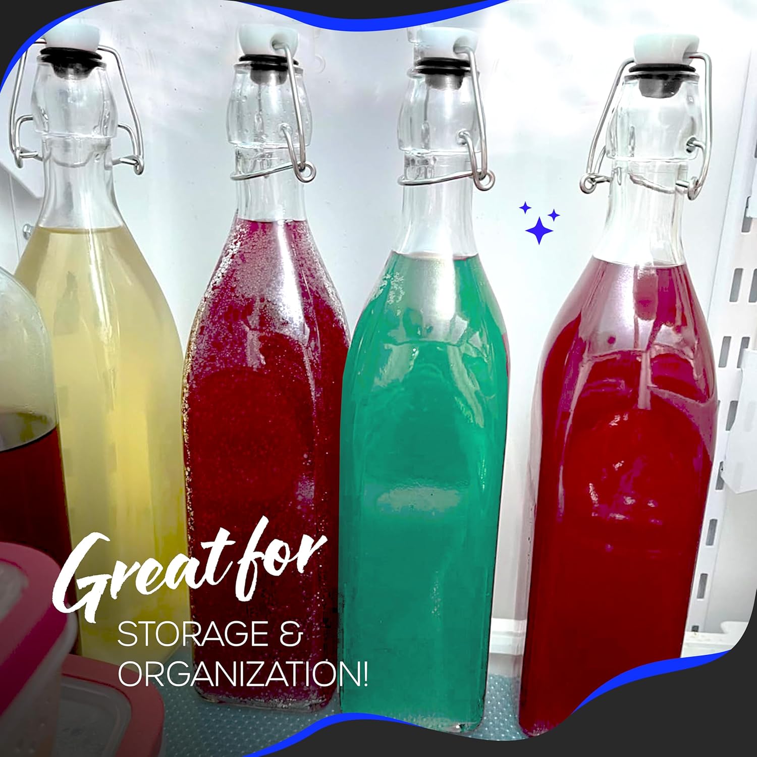 Nevlers 33 Oz Square Swing Top Glass Bottles with Stoppers | Flip Top Glass Bottle with Stopper 6 Pack | 1 L Syrup Bottle Set w/Funnel, Brush, Marker, Tags & Shrink Wrap | Dressing & Coquito Bottles - Image 7