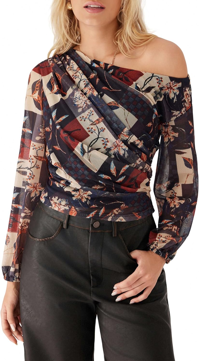 CIDER Women's Off Shoulder Floral Print Top Mesh Long Sleeve Going Out Date Night Tops Trendy Fall Fashion Outfit 2026 - Image 2