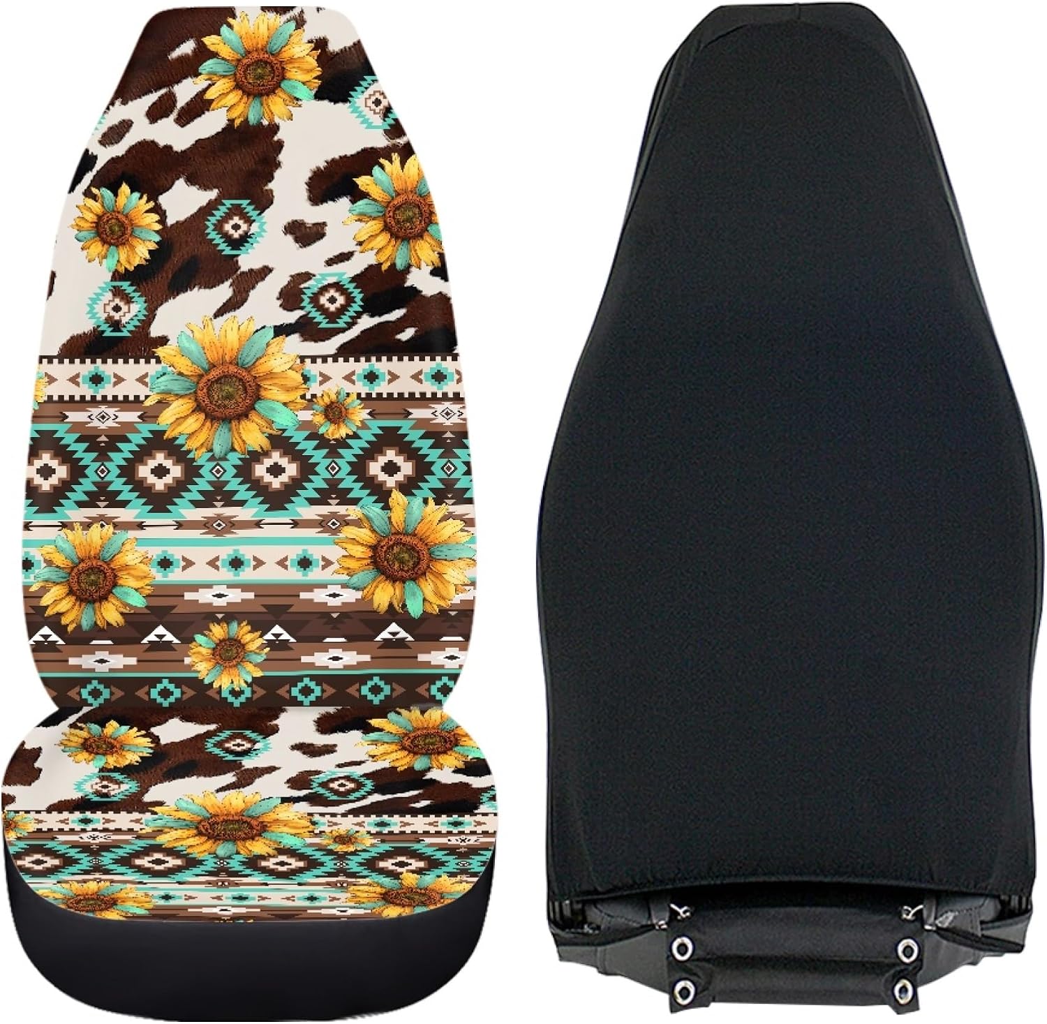Sunflower Aztec Cow Print Car Seat Cover for Women Men,Universal Bucket Front Seats Protector Fit Most Cars,Truck SUV Van