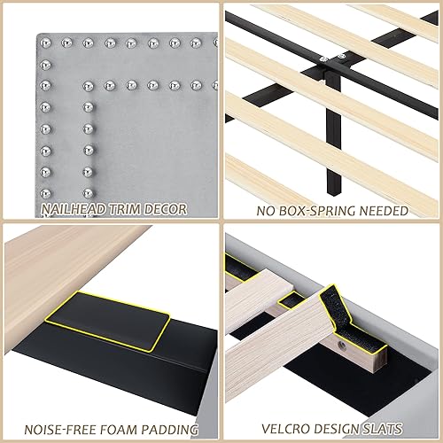 Miniatura 218 de VECELO Base de cama de tamaño matrimonial con cabecera tapizada ajustable, plataforma de listones de madera, diseño sin ruido, fácil montaje Negro