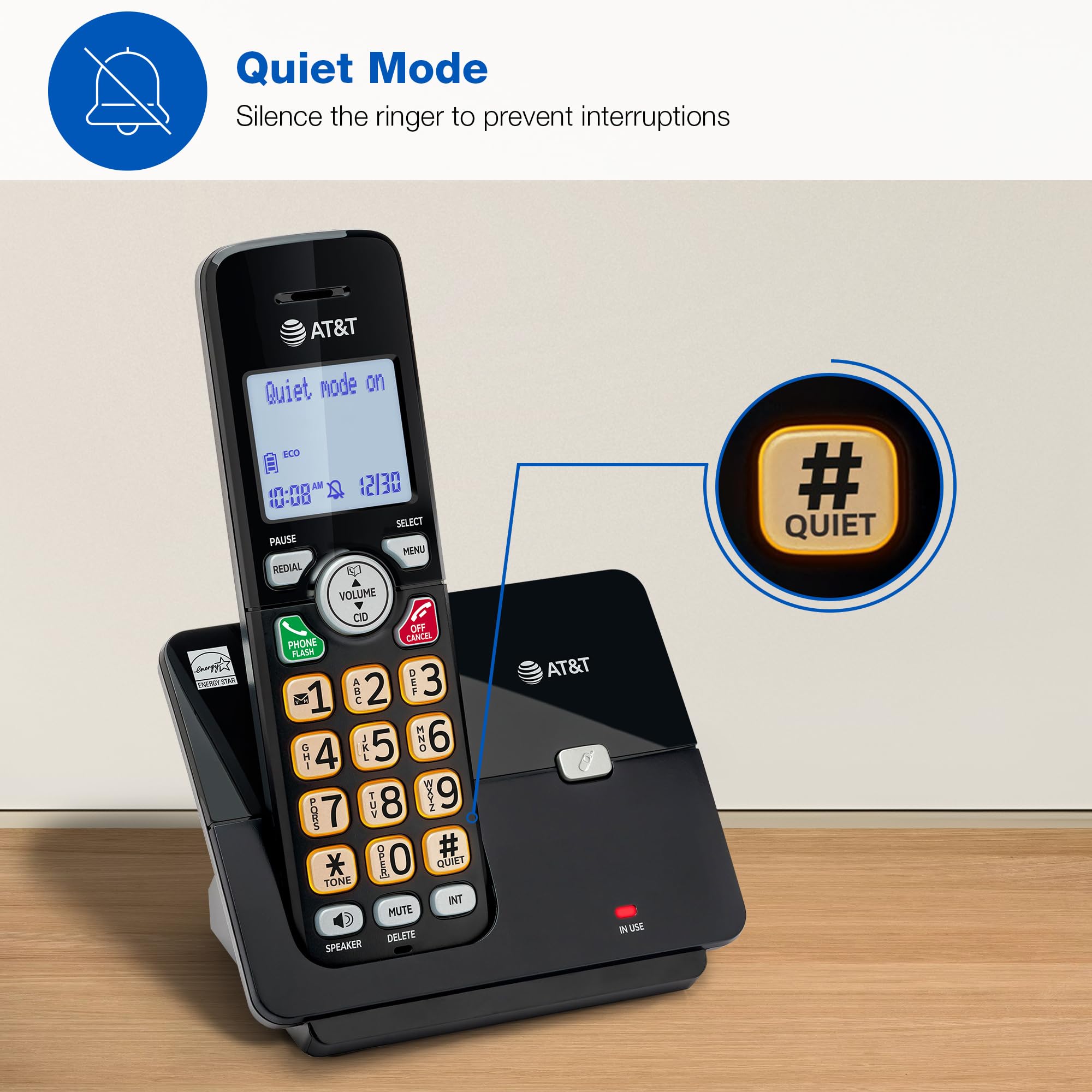AT&T - Teléfono Fijo de 1 Auricular con identificador de Llamadas/Llamada en Espera, teléfono inalámbrico DECT 6.0 Full-Duplex Handset Altavoz, Teclado retroiluminado y visualización, Modo silencioso
