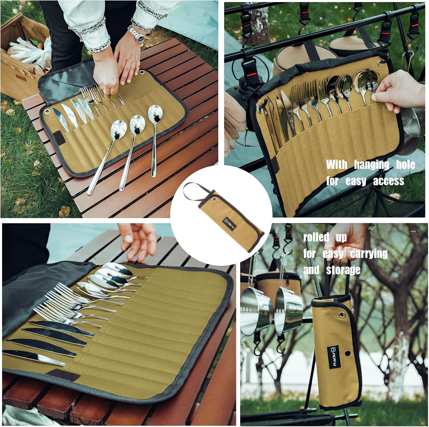 2pcs Camping Utensil Bag, Knife Roll Bag,Portable Knives Pouch,Canvas Roll Up Culinary Tableware Storage,Picnic Cutlery Organizer Bag,Cooking Utensils Hanging Bag,Travel Cutlery Pouch