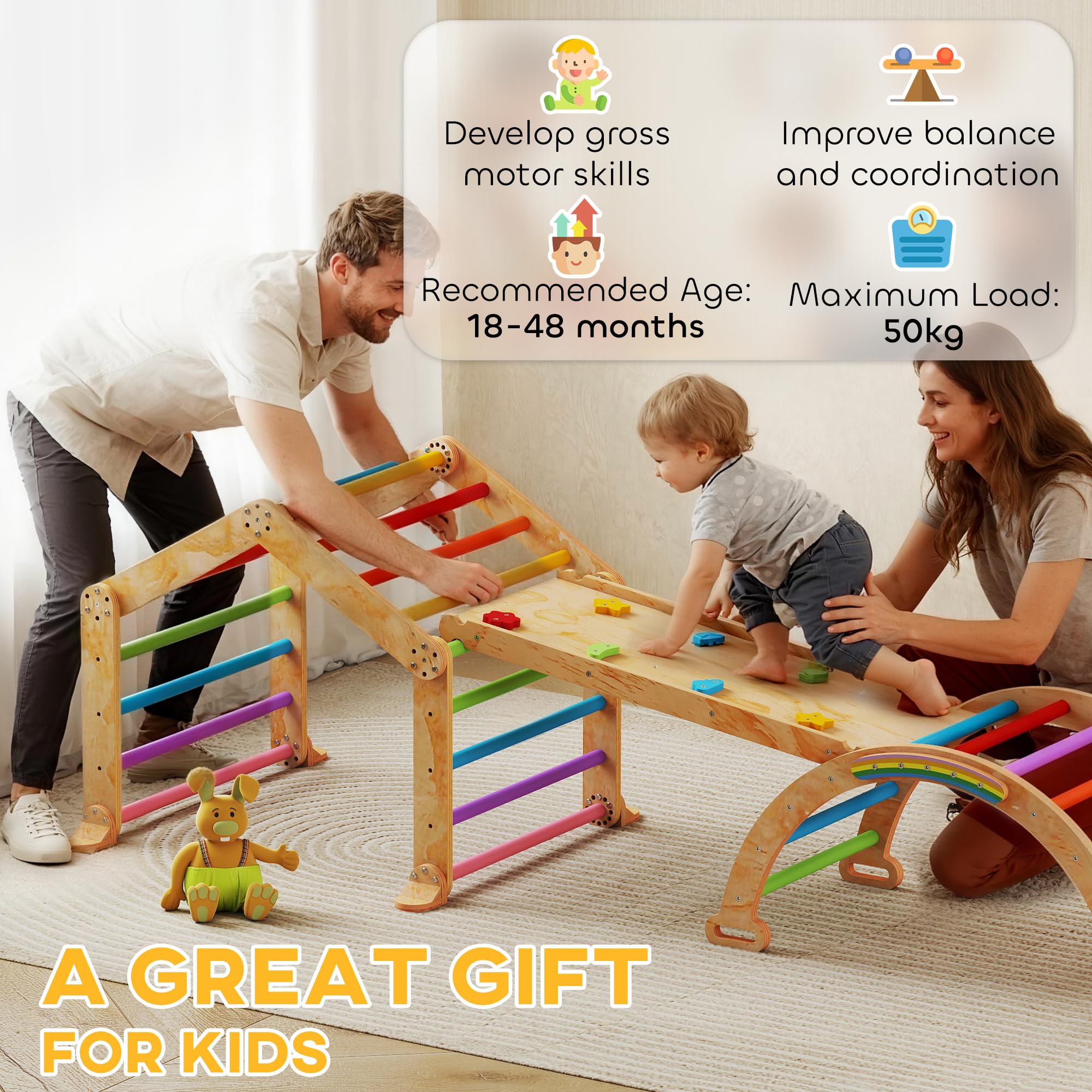 AIYAPLAY Triángulo de Escalada Infantil 9 en 1 de Madera, con Rampa Reversible, Tobogán, Basculas y Estructura de Escalada, Carga Máx. 50 kg, para bebé 18-48 Meses, Multicolor