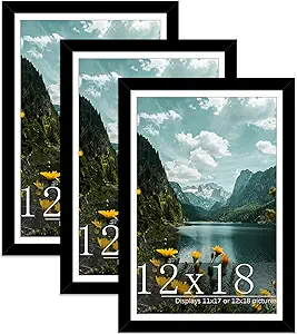 Picrit 12x18 Picture Frame 3 Pack, Black Poster Frame, Display Poster 11 x 17 with Mat or 12 x 18 without Mat for Horizontal or Vertical Wall Mounting