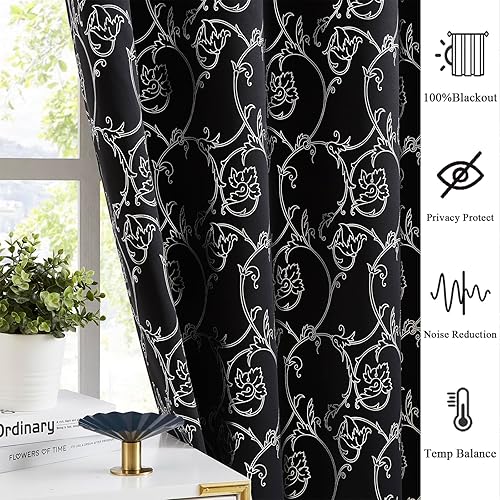 Miniatura 4 de Enactex Cortinas opacas de 95 pulgadas de largo para sala de estar, cortinas de oscurecimiento de habitación con ojales y patrón floral plateado,