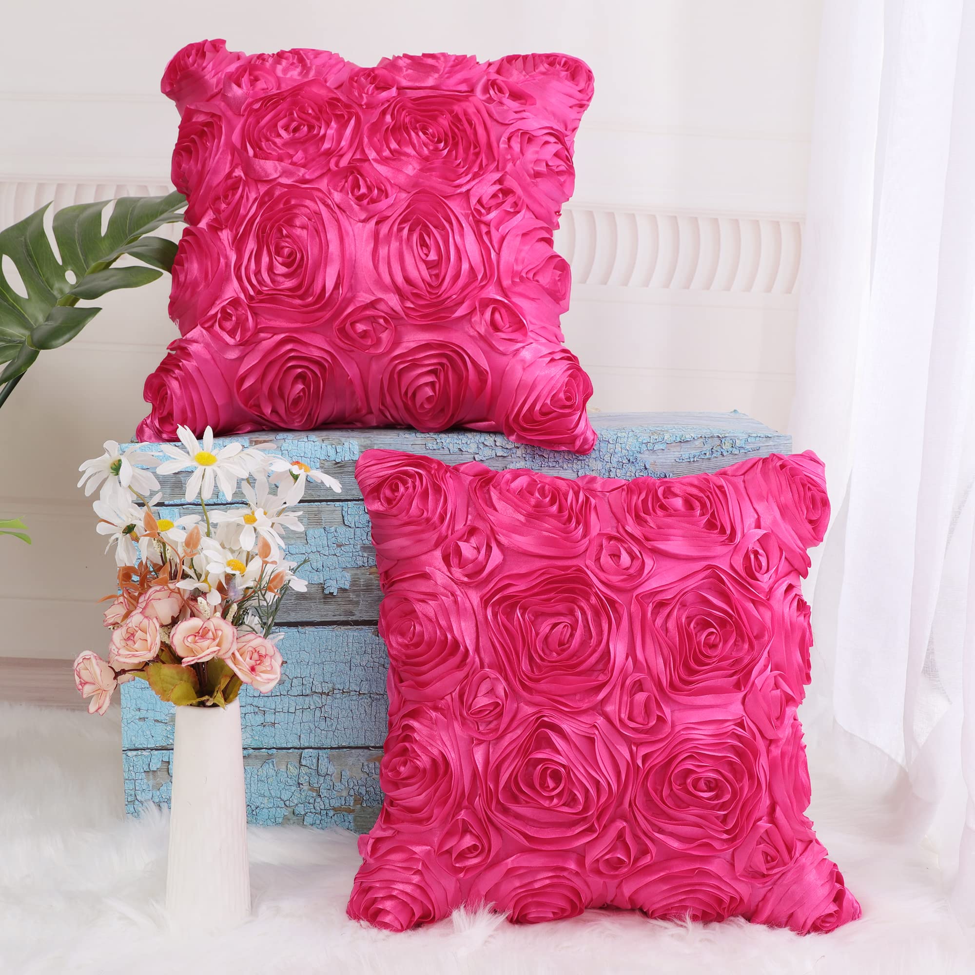 Juego de 2 fundas de almohada con diseño de flores 3D, románticas fundas de cojín decorativas de satén, funda de almohada con rosas estéreas, para cama, sofá, 16 x 16 pulgadas, color 4