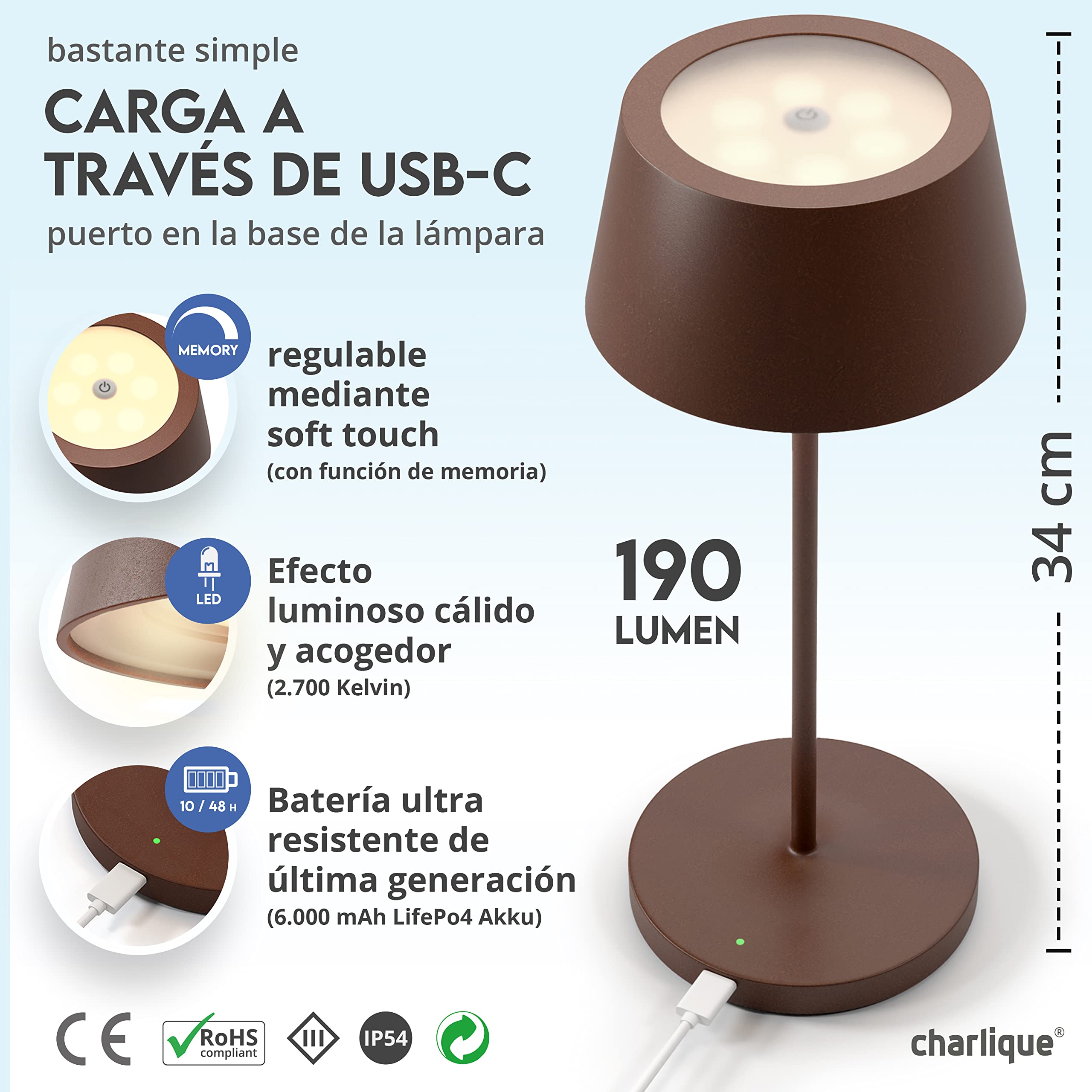 Dinner Light 2 - Lámpara mesa LED con puerto USB en color marrón, con batería extrafuerte y recargable, intensidad regulable, luz cálida, portatil para interior y exterior,