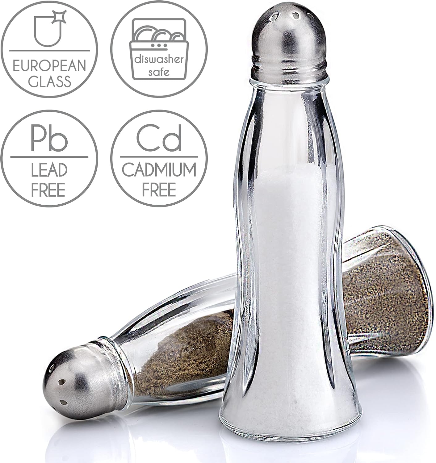 Salt and Pepper Shakers Glass Set, Clear Curved Design, Classic Restaurant Style, Glass Body with Stainless Steel Lids, 4.7 in