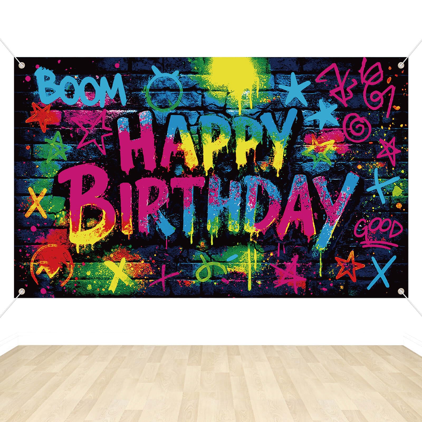 Neon Happy Birthday Backdrop, 70.86x43.3in Colorful Graffiti Party Banner Non-Glowing Neon Birthday Decorations for Wall Decor Photography Props Party Supplies